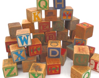 Vintage Wooden Alphabet Blocks – Toy Cubes with Letters, Numbers & Illustrations – Rustic Nursery Décor