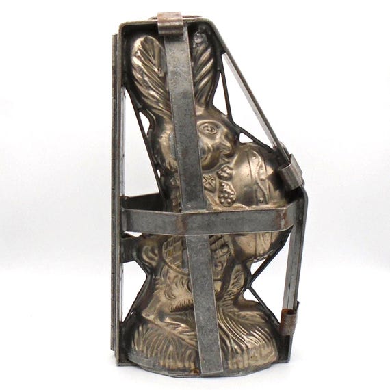 Antique Early 20th Century Hinged Metal "Easter Bunny" Holding Egg Chocolate Mold