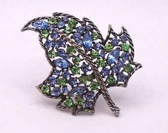 Rare Vintage Weiss Green and Blue Crystal Rhinestone Leaf Brooch Circa 1950's