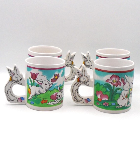 Vintage Easter Bunny Mugs: Spring Floral Set of 4