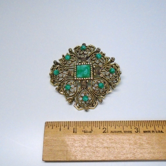 Vintage Metal and Faux Jade Brooch - image 5