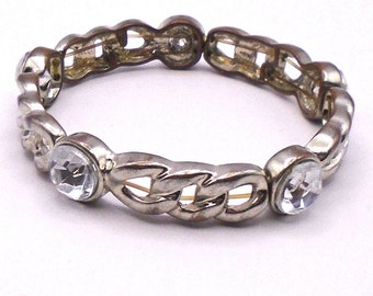 Vintage Silver Tone Chain Link Stretch Bracelet with Five Large Rhinestones
