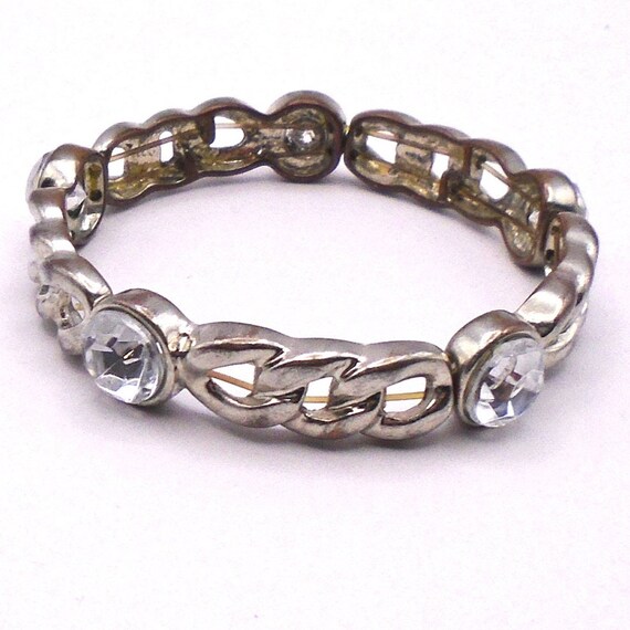 Vintage Silver Tone Chain Link Stretch Bracelet with Five Large Rhinestones
