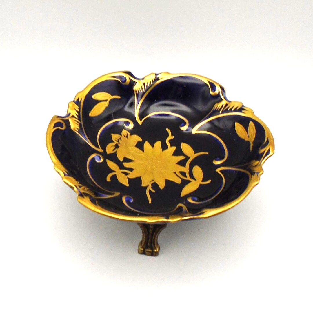 Vintage Jlmenau Graf Henneberg Porcelain Cobalt Dish With Pedestal