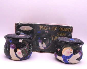 Susan Winget "Peace & Joy" Snowman Crock Candles, Set of Two, Hand-Painted, New in Box