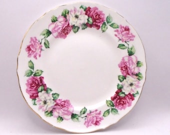 Vintage Crown Staffordshire Bone China Trinity Rose Salad/ Lunch/Dessert Plate, Made in England - Great Pink and White Decor Piece