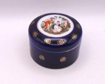 Vintage Cobalt Blue and Gold Round Lidded Trinket Box with Victorian Scene, Made in Japan
