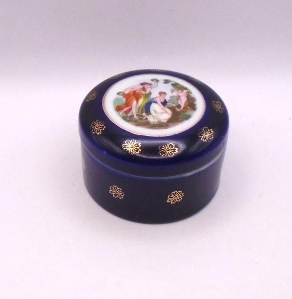 Vintage Cobalt Blue Trinket Box: Gold Floral Victorian Scene, Made in Japan
