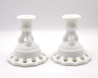Vintage Westmoreland Milk Glass Doric Lace Tapered Candle Holder Pair (2), Circa 1940's-1950's