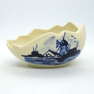 Vintage Delft &quot;Blu&quot; Egg-shaped trinket holder/candy dish, with Windmill Scene, Made In Holland