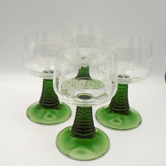 Vintage Roemer Wine Glasses Mid-Century Modern Barware, Set of 4 Glasses, Etched Grapevine Pattern