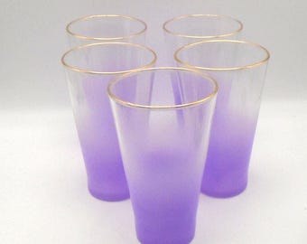 Vintage Mid-Century Modern Blendo Tumblers: Lavender Ombre Frosted Glasses, Gold Rims, Set of 5