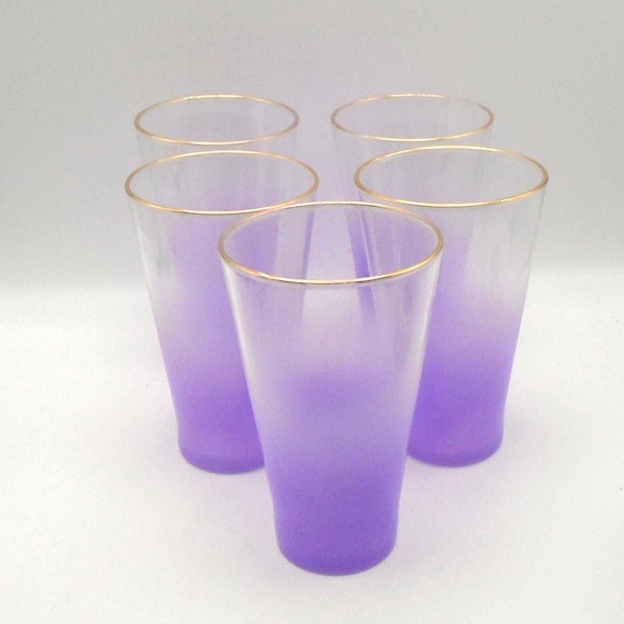 Vintage Mid-Century Modern Blendo Tumblers: Lavender Ombre Frosted Glasses, Gold Rims, Set of 5