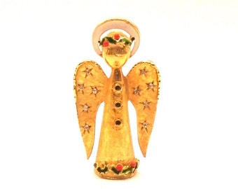Vintage ART Goldtone and Rhinestone Angel Brooch/ Pin with Holly