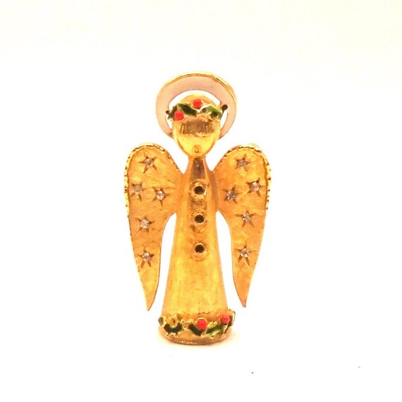 Vintage ART Goldtone and Rhinestone Angel Brooch/ Pin with Holly