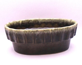Vintage Hull Pottery Dark Green Drip Glaze MCM Planter, Oval Bowl Planter
