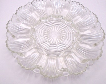 Vintage Anchor Hocking Crystal Glass Egg Platter Clear Glass, Circa 1960's, Wave Fan Design 896