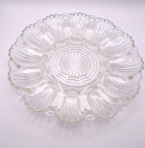 Vintage Anchor Hocking Crystal Egg Platter: Wave Fan Design, 1960s Glass Server