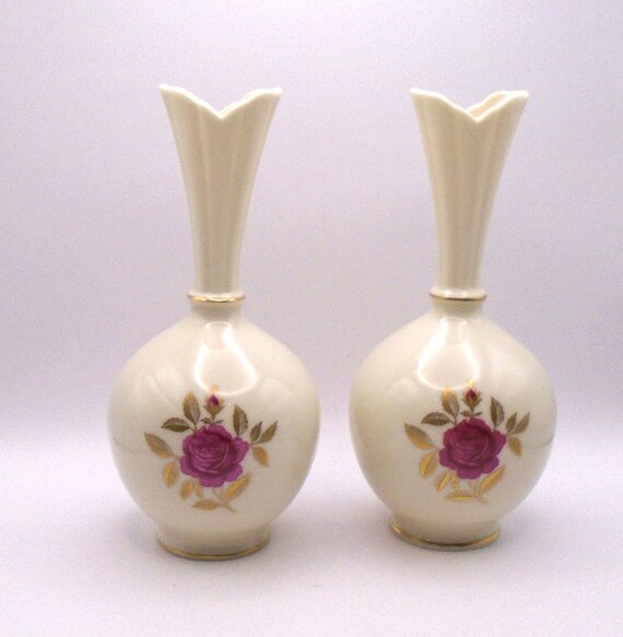 Vintage Lenox Rhodora Porcelain Vases: Floral Gold Trim, Made in USA