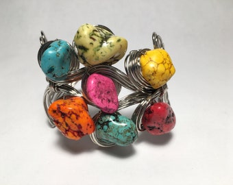 Vintage Colorful Rough Cut Silvertone Wire Cuff Bracelet