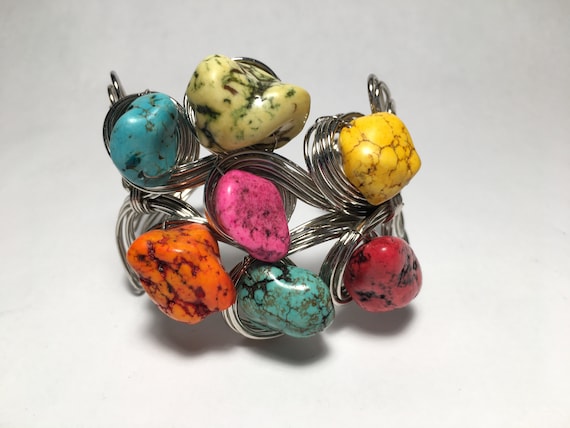 Vintage Colorful Rough Cut Silvertone Wire Cuff Bracelet