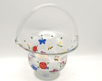 Lenox "Nature's Splendor" Art Glass Basket, Hand-Painted Flowers and Insects, Frosted and Clear Glass Checkerboard Pattern, Signed by Artist