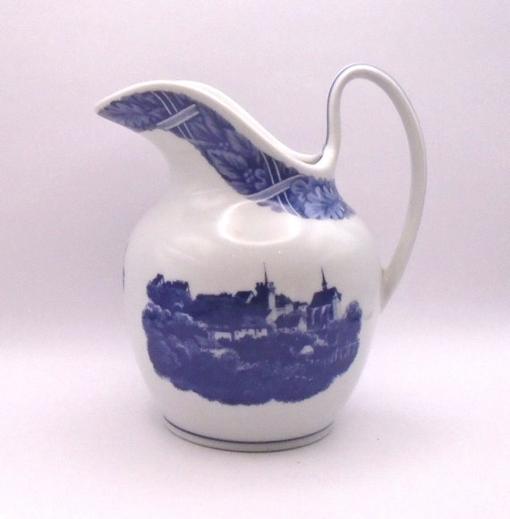 Vintage Porcelains Quatre Saisons Pitcher: Blue and White Village Scene, Estee Lauder Japan