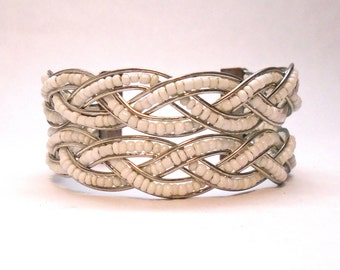 Vintage Weave with White Beads Cuff Bracelet