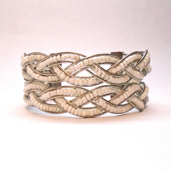 Vintage Weave with White Beads Cuff Bracelet