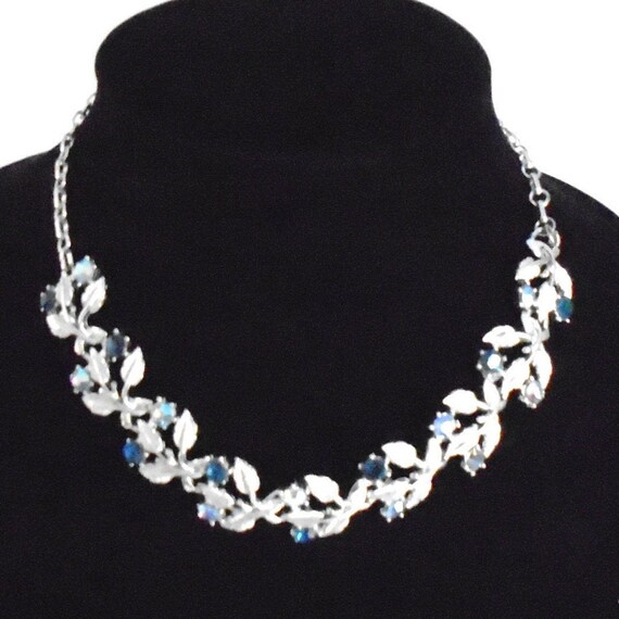 Vintage Leaf Necklace with Pale Blue Rhinestones Signed Coro