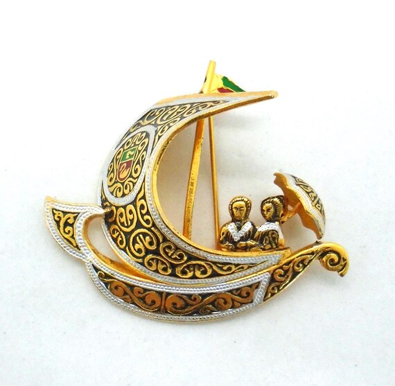 Vintage Spanish Damascene Sail Boat Pin marked Spain