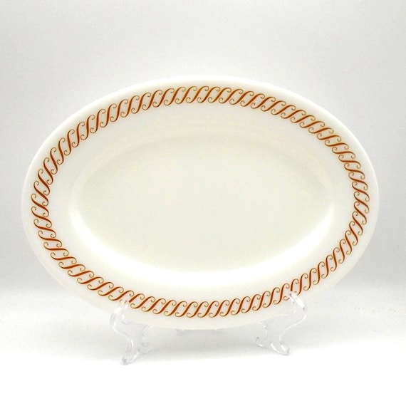 Vintage Pyrex Milk Glass Platter: Copper Scroll, Mid-Century Tableware