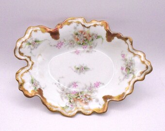 Vintage Antique J. Mc. D & S Limoges, Elite France Porcelain Bowl with Gold Leaf and Floral Design