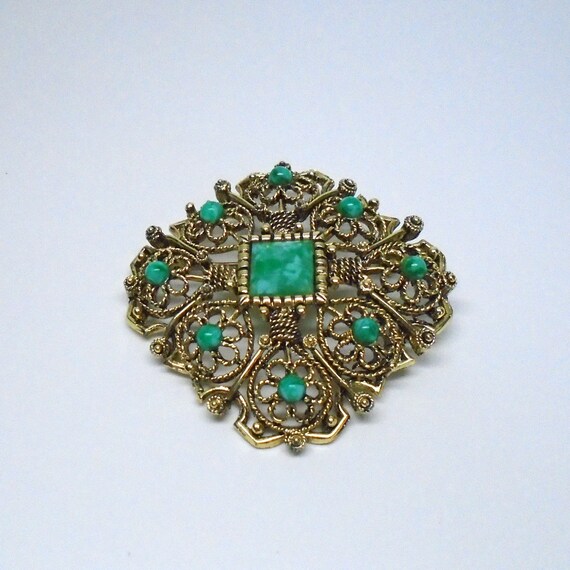 Vintage Metal and Faux Jade Brooch - image 3