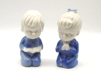 Vintage Sanmyro Japan, Blue and White Porcelain Children Praying Figurines, Circa 1950's-1960's, Made in Japan with Original Foil Stickers