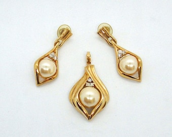 Vintage Goldtone Faux Pearl and Diamond Pendant and Drop Pierced Earrings Set