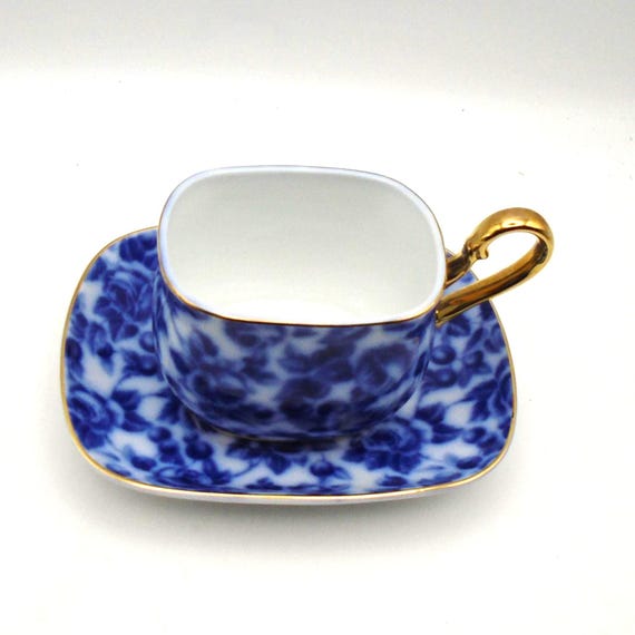 Vintage Royal Danube Calico Flow Blue Tea Cup and Saucer: Cobalt Rose, Gold Trim