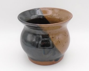 Vintage Studio Art Pottery Stoneware MCM-style Vase/Bowl in Brown and Tan Glaze, signed by Artist