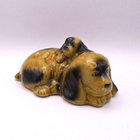 Vintage Ceramic Brown Floppy Eared Momma Dog with Puppy Made in Brazil