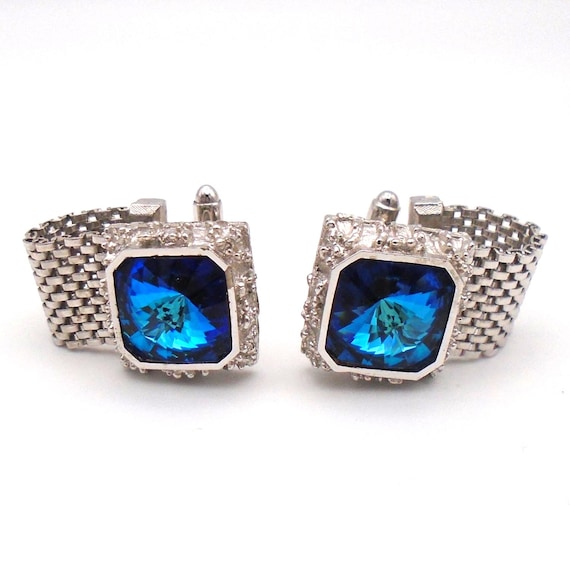 Vintage 1970's Dante Blue, faux Sapphire, and Silvertone Mesh Cuff Links