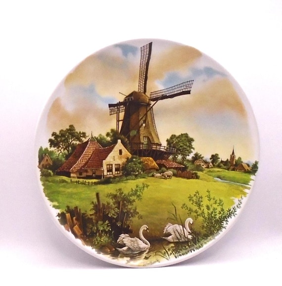 Vintage Royal Schwabap Decorative Plate: Hand-Painted Holland Windmill Scene