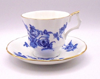 Vintage Royal Windsor Blue Roses Teacup and Saucer - Made in England
