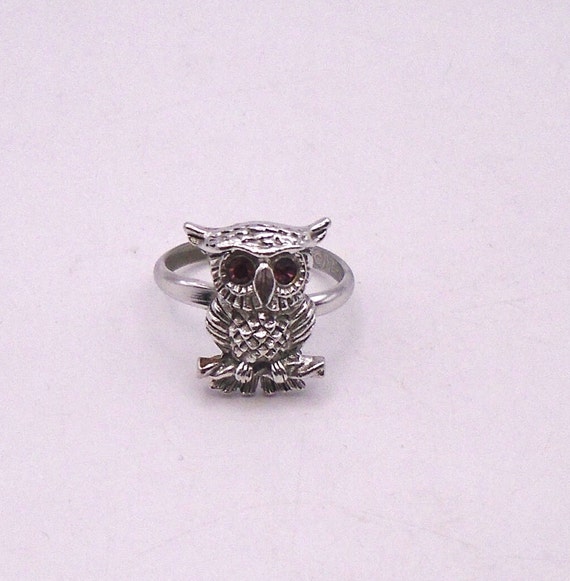Vintage Sarah Coventry Nocturne Owl Ring  Silver Tone with Purple Rhinestones