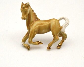 Vintage Light Brown Enamel and Gold-tone Running Horse Lapel Pin, Fold Over C-Clasp, Hand-Painted