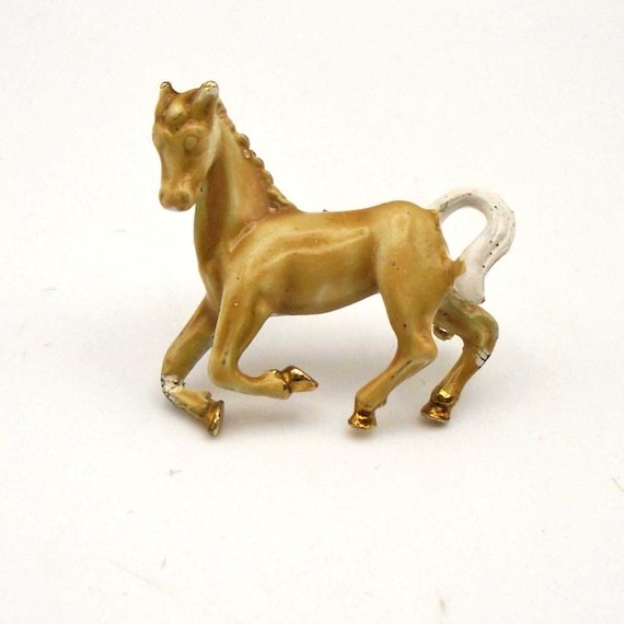 Vintage Light Brown Enamel and Gold-tone Running Horse Lapel Pin, Fold Over C-Clasp, Hand-Painted