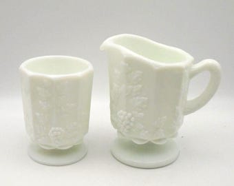 Vintage Westmorland Milk Glass Sugar Bowl and Creamer: Paneled Grape Design