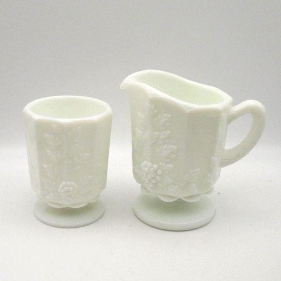 Vintage Westmorland Milk Glass Sugar Bowl and Creamer: Paneled Grape Design