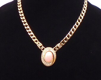 Vintage Trifari Pink Cabochon Goldtone Curb Chain Necklace with Crystal Rhinestones