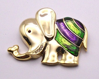 Vintage Elephant Brooch - Gold Tone with Purple and Green Colored Enamel and Rhinestones