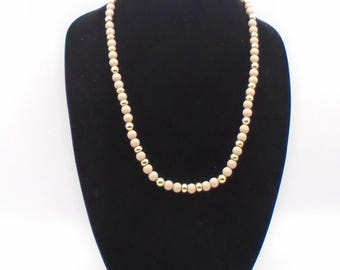 Vintage Napier Gold Tone Beaded Necklace, Tan/Beige and Gold Colored Beads, Snap Clasp, 24" In Length